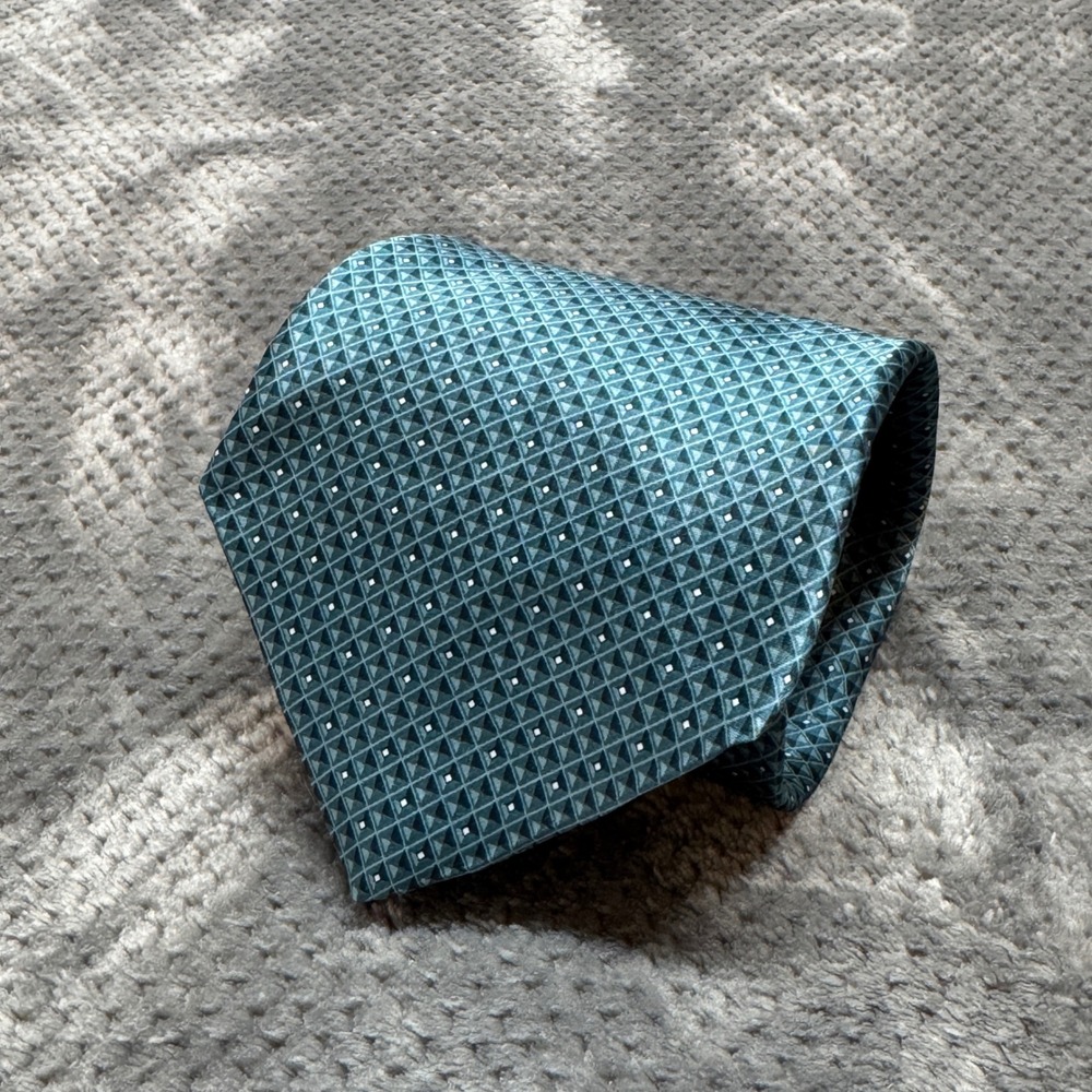 Arrow USA 1851 Mens Silk Necktie Teal Blue Geometric Diamond Pattern Made in USA